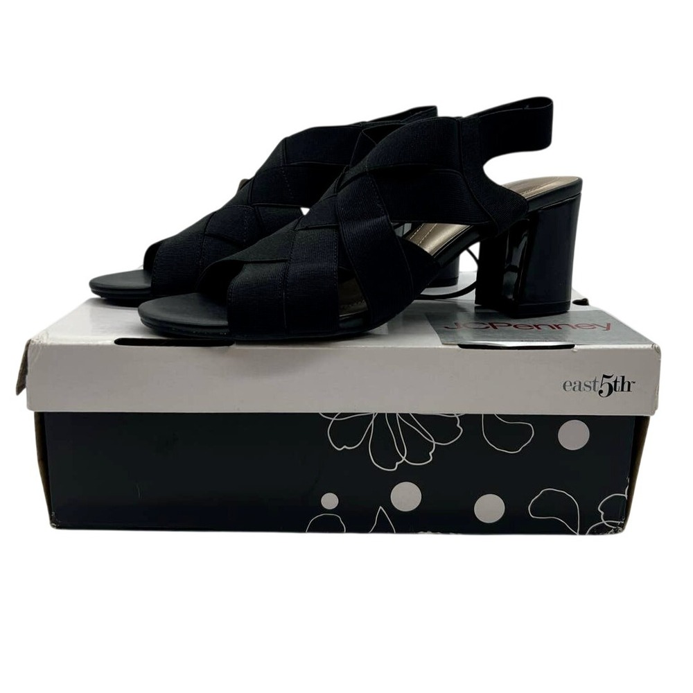 NWT East 5th Needmore Black‎ Size 8M Slip On Block Heel Peep Toe Sandals